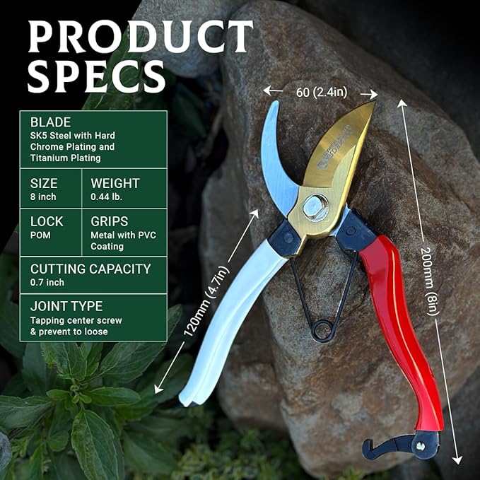 Gardeness Titanium Plating Japanese Pruning Shears, Professional Bypass Heavy Duty Garden Pruner Secateurs – Lightweight Easy Grip Branch Clippers Hand Pruners for Gardening, Trimming, Harvesting.