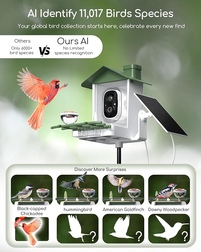 COOAU 5MP Smart Bird Feeder with Camera Solar Powered, Outdoor Bird House Cam with 11,000+ AI Birds Species Identification, 3K UHD Live Video Watching, Instant Notifications,Ideal Gift for Bird Lovers