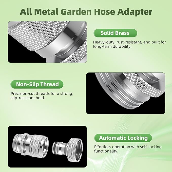 Hibbent Garden Hose Quick Connector, Solid Brass 3/4 Inch GHT Thread Faucet Hose Quick Connect Fitting, Female and Male Adapter