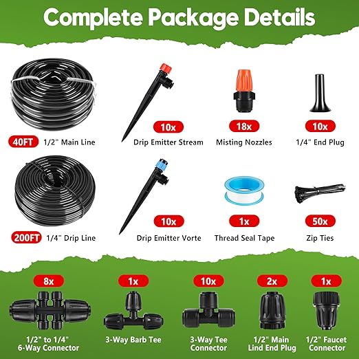 240FT Drip Irrigation System for Garden, 2025 Upgraded Quick-Connect Automatic Garden Watering System with 1/2" & 1/4" Tubing and Adjustable Nozzle Emitters for Greenhouse, Yard, Lawn, Raised Bed