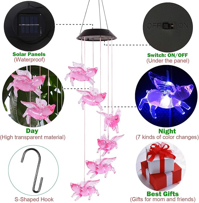 ME9UE Color Changing Flying Pigs Wind Chimes Gifts Portable Waterproof Mobile Romantic Fly Pigs Windchime, LED Solar Pig Wind Chimes Lights Gift for Mom, Festival, Patio, Garden, Outdoor Decoration