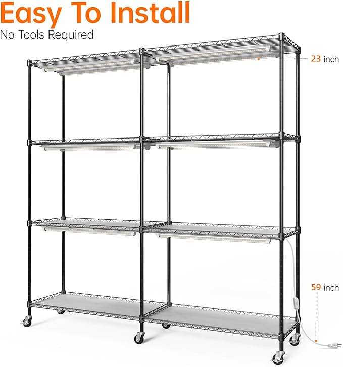 Bstrip Plant Shelf with Grow Light, 4-Tier Large Grow Light Shelf with Wheels, Stainless Steel, 12-Pack 288W T8 Full Spectrum Grow Lights for Seed Starting(57.4" L x 13.8" W x 59" H)