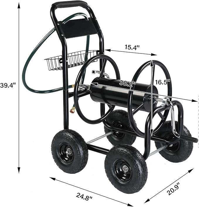 VINGLI 4-Wheel Garden Hose Reel Cart with Storage Basket, Portable Residential Hose Reel Cart, Lawn Watering, for Garden Backyard and Farm
