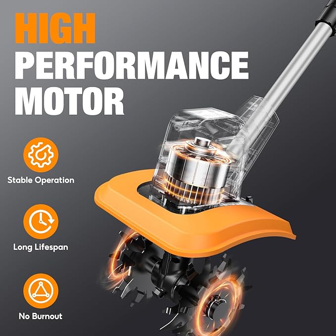 Upgraded Cordless Tiller for Gardening with 8.0Ah (2ร4.0Ah Batteries), 48 Steel Tines Battery Rototiller, 9" Width 6.6" Depth Garden Tiller Cultivator for Soil, Tending & Composting (Orange)