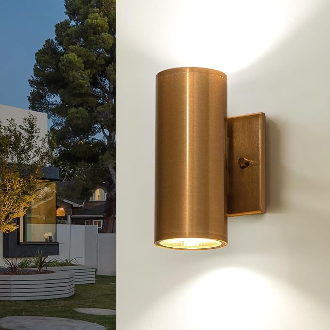 Up and Down Lights Outdoor, Modern Gold LED Outdoor Wall Lights Fixture in 2 Lights, 7 inch Cylinder Exterior Light Fixture Wall Mount for Porch Patio Garage House Entryway