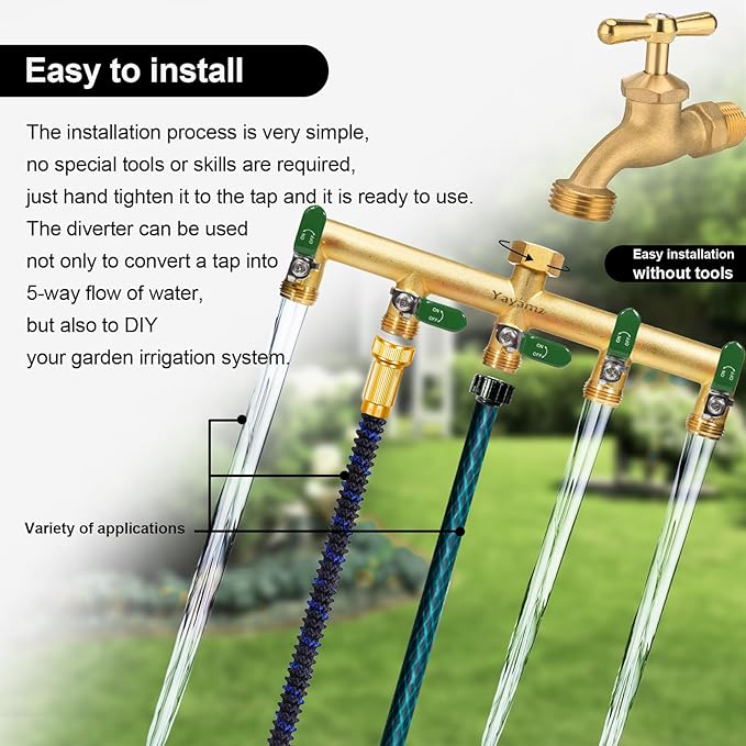 Garden Hose Splitter, 3/4” Rust and Freeze Resistant Outdoor Hose Manifold with 5 green Extra Long Handles Faucet Adapter-Heavy Duty Brass 5-Way Valve