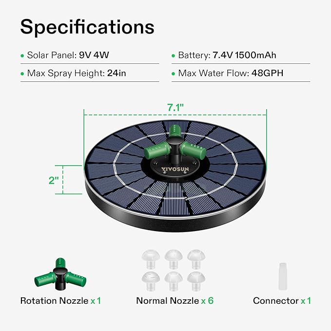 VIVOSUN Solar Fountain, 4W Solar Water Fountain with Upgraded Glass Panel, Built-in Battery, 7 Nozzles, Colored LED Lights, Outdoor Solar Fountain Pump for Bird Bath, Pond, Pool, Fish Tank, Garden