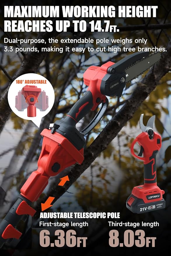 3-in-1 Electric Pruner Kit for Tree Trimming & Garden Work, Cordless Chainsaw & Shears with 8ft Telescopic Pole, 6-Inch Blade, 2 Batteries, SK5 Steel, Red – Ideal for Seasonal Yard Maintenance