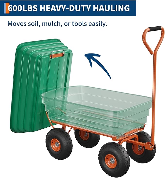 Garden Dump Cart - 600Lb Capacity Heavy Duty Yard Utility Garden Cart with Removable Dump Bed, All-Terrain Tires & 180° Adjustable Handle for Soil, Plants, Tools