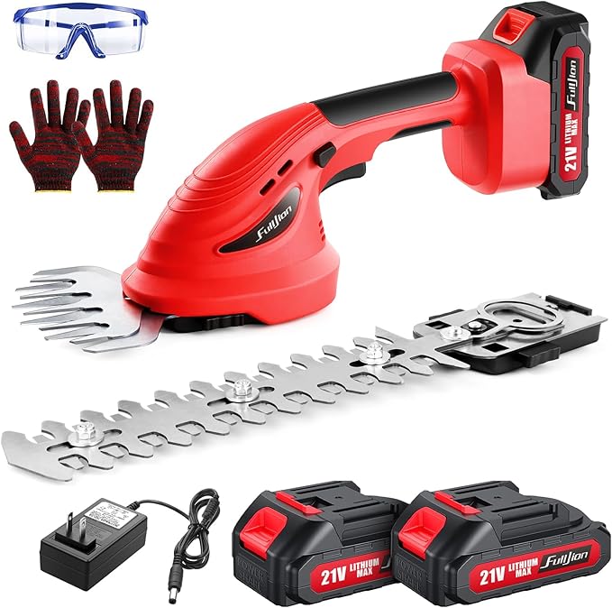Hedge Trimmer Cordless,2 in 1 Hedge Shrub Grass Shears,21 V Electric Hedge Trimmer Grass Cutter Bush Trimmer with 2 PCS Rechargeable Battery for Garden, Lawn, Yard (Red)
