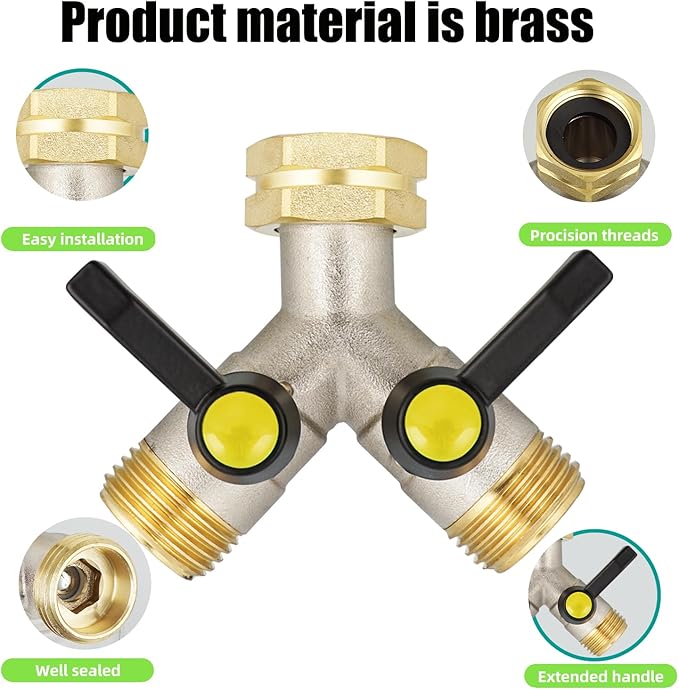 EJW Garden Hose Splitter 2-Way Heavy Duty, Y-Valve Garden Hose Faucet Splitter, 3/4” GHT Threads,Outdoor Faucet Splitter,Brass High Flow, Garden Hose Y-Splitter 2-Way,Y-Valve Full Flow Hose Splitter.