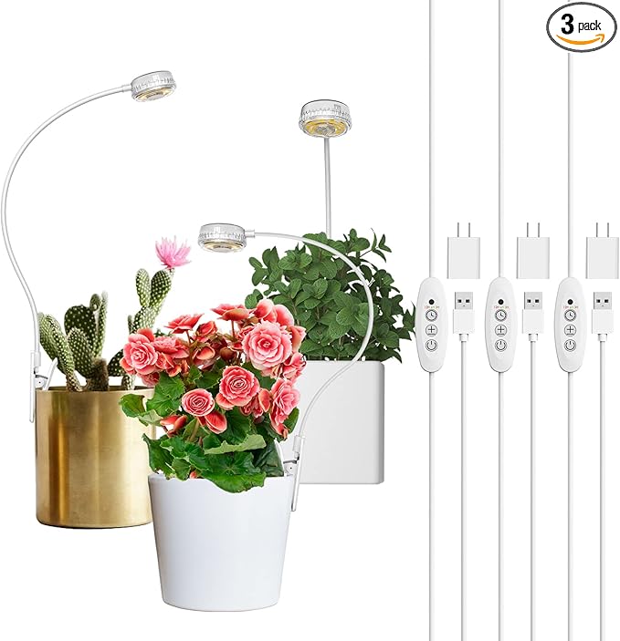 SANSI Grow Lights for Indoor Plants, Pot Clip LED Plant Light for Growing Full Spectrum, Plant Growing Lamp 4-Level Dimmable Auto On Off 3 6 12 Hrs Timer for Small Plants, White 5V 3-Pack ETL Listed
