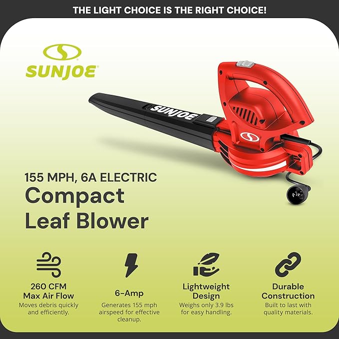 Sun Joe Corded Electric Leaf Blower Machine, 155 MPH, 260 CFM, 6-Amp Motor, Red - Portable and Lightweight Gardening Equipment for Yard Care and Lawn Maintenance, SBJ597E-RED