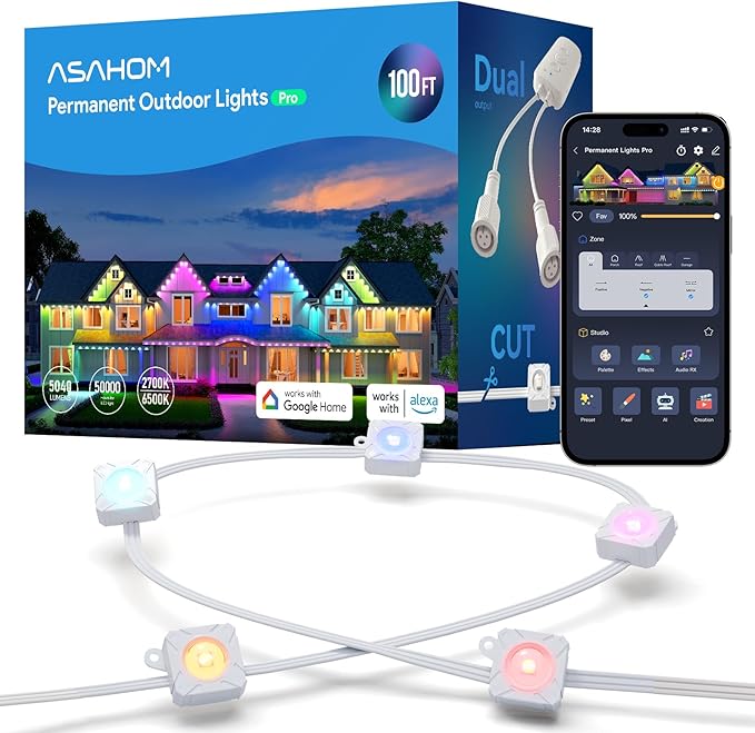 ASAHOM Permanent Outdoor Light Pro S108B, 100FT with 72 RGBCW 70lm LED, WLED Integration, AI Lighting, 30000 Lighting Effect Combination, IP67 Waterproof for Halloween Christmas and Daily Decor, White