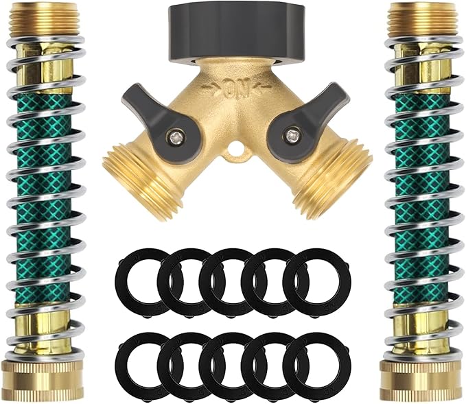 Brass Garden Hose Splitter 2 Way, All Body Metal Heavy Duty Water Splitter Y Way with 2 Hose Protectors Kink Free Hose Extension 10 Rubber Washers
