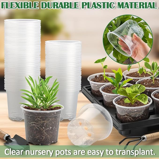 12 Cell Nursery Pot Trays 5 Pack with 4 Inch Clear Plant Pots 60 Pack, Thick Sturdy Seeds Starting Germination Shuttle Carrying Trays, Black Small Planter Nursery Propagation 5 Sets
