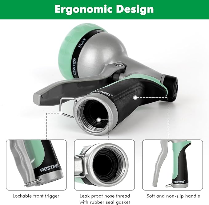 RESTMO Garden Hose Nozzle, Heavy Duty Metal Water Hose Nozzle with 7 Adjustable Spray Patterns, High Pressure Hand Sprayer with Flow Control, Best for Watering Plant & Lawn, Washing Car & Pet, Cyan