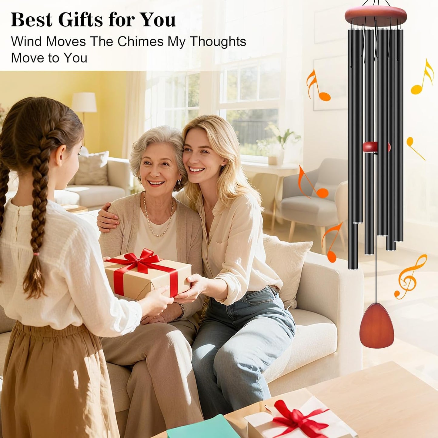 Large Wind Chimes for Outside Deep Tone, Soothing Melodic Memorial Sympathy Wind Chime, Suitable Outdoor Garden Decor, Gift for Mom Women Neighbors (Black Wind Chime -46 in)