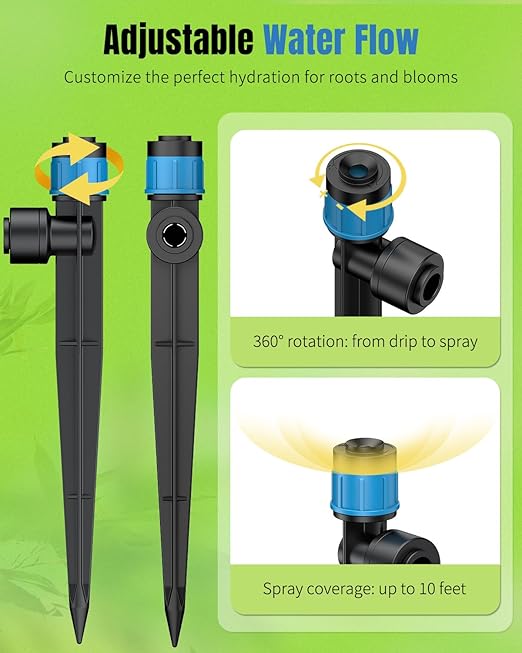 Pawfly 60 Pcs Drip Irrigation Emitters, Drip Emitters Sprinklers with Stake Drip Irrigation System Parts for 1/4 Inch Tubing, Water Flow Irrigation Drippers with Adjustable 360 Degree