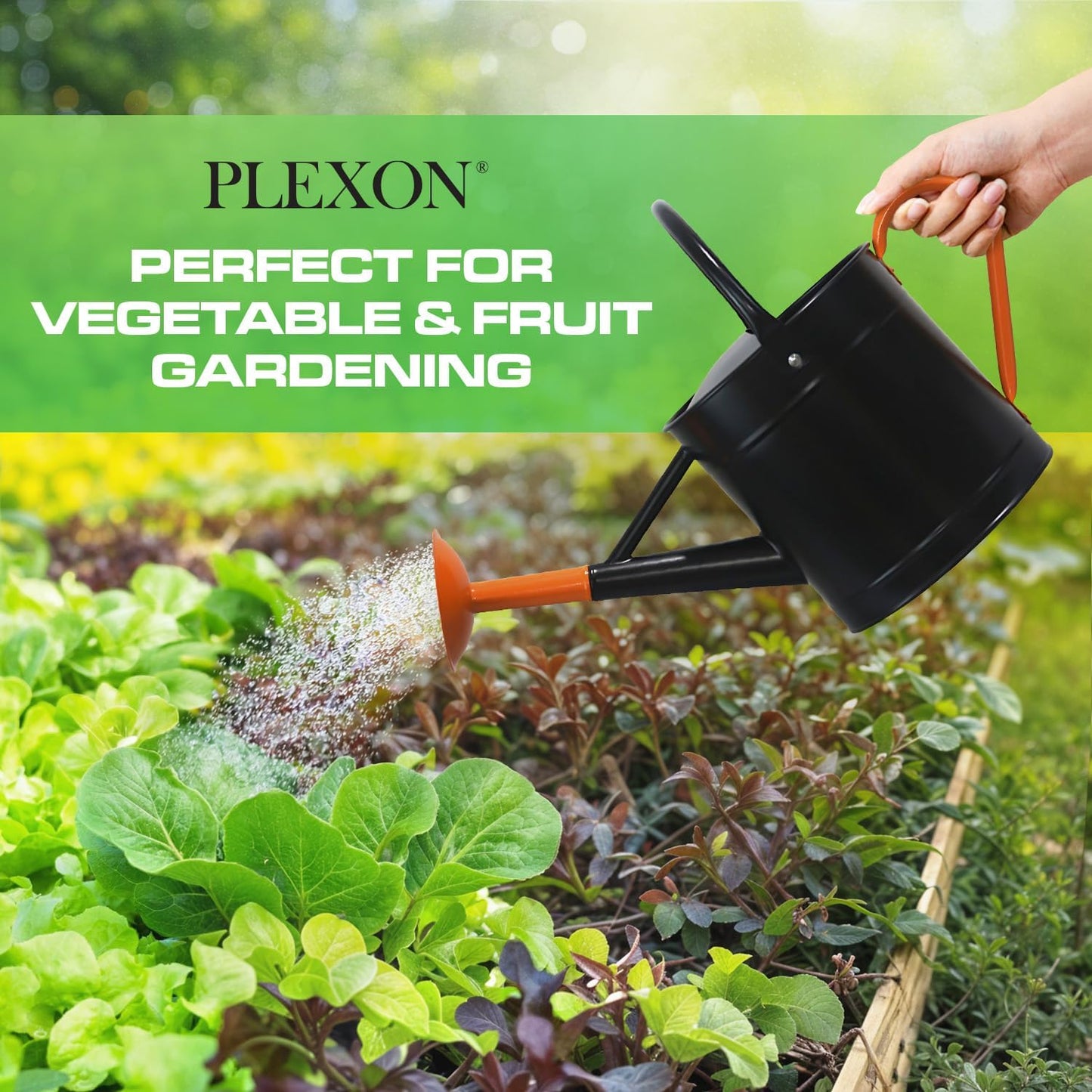 Plexon 1 Gallon Metal Watering Can Outdoor, Flower Plant Gardening Garden Large Watering Can Pot Pitcher, Steel Orange Handles and Removable Spray Spout, Black