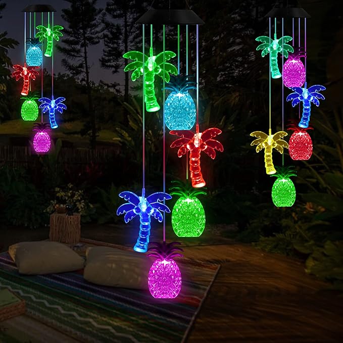 Solawindchime Palm Tree Pineapple Wind Chime, Color Changing Pineapple Palm Trees Wind Chimes Outdoor, Home, Yard, Balcony, Night Garden Decoration, Gifts for Women