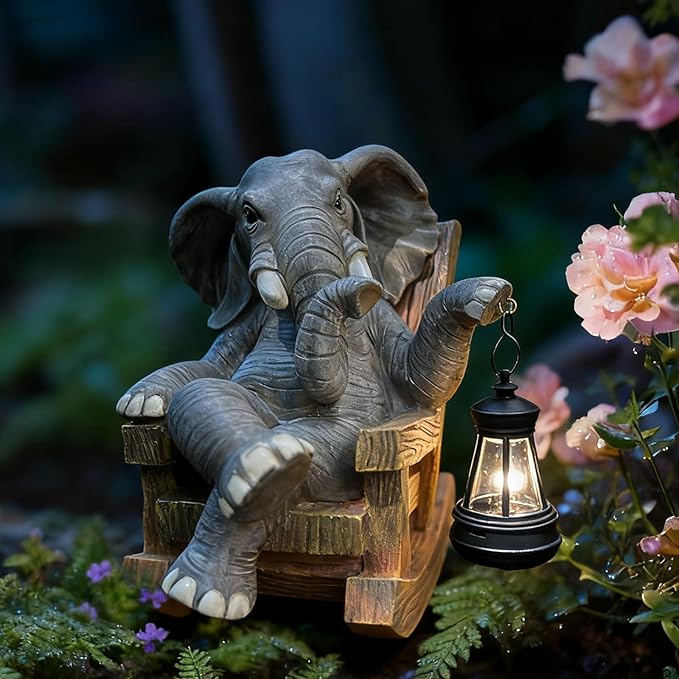 Solar Light Rocking Chair Elephant Statue in Garden-8.2''Outdoor Figurine Ornament,Funny Sculpture for Indoor Decor & Unique Gift Choice for Christmas,Thanksgiving,Mother's Day,Birthday!