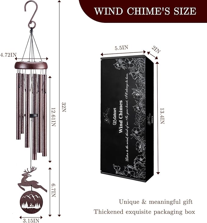 Wind Chimes for Outside, 32" Memorial Wind Chimes for Loss of Loved One Mother Father, Memorial Sympathy Gift Outdoor Garden Patio Decor, Deer Xmas Decorations(Brown)