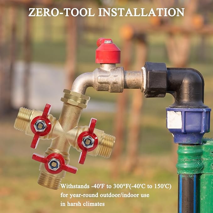 Hose Splitter 3 Way Heavy Duty Brass Valve Garden Hose Splitter with Stainless Steel Long Handle Water Hose Trap Adapter 3/4" GHT Thread