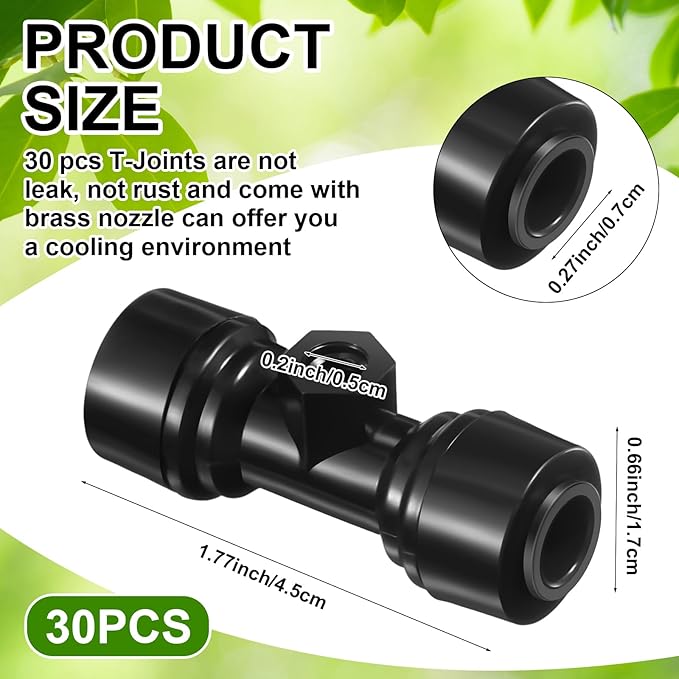 30 Pcs 1/4" Drip Irrigation Tee Connectors for Tube Quick Connect Parts Fittings for 1/4 Inch(6.35mm) Irrigation Tubing or Sprinkler(Black,Misting Nozzle)