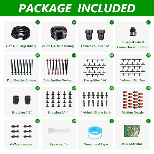 256FT Automatic Drip Irrigation System Kit,Automatic Garden Watering Misting System for Greenhouse, Yard, Plant ,Lawn with 1/2 inch Hose 1/4 inch Distribution Tubing and Accessories