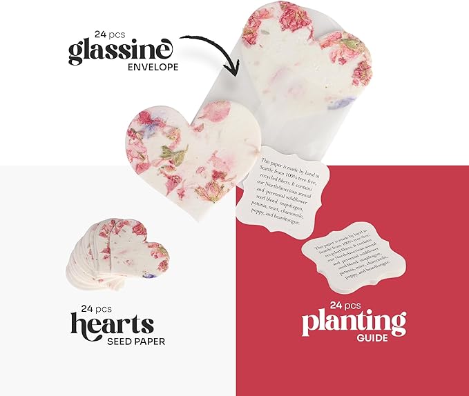 Wildflower Seed Paper - Set of 24 Pink Heart-Shaped with Envelopes and Planting Instruction, Writable & Plantable Gift for Moms and Plant Lovers, Ideal for Weddings, Memorials, Baby Showers