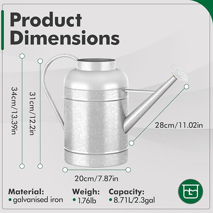 Galvanized Iron Watering Can for Indoor Plants, Bowl Watering Cans for House Plant Garden Flower, Long Spout Water Can for Outdoor Watering Plants 8.71L 2.3 Gallon