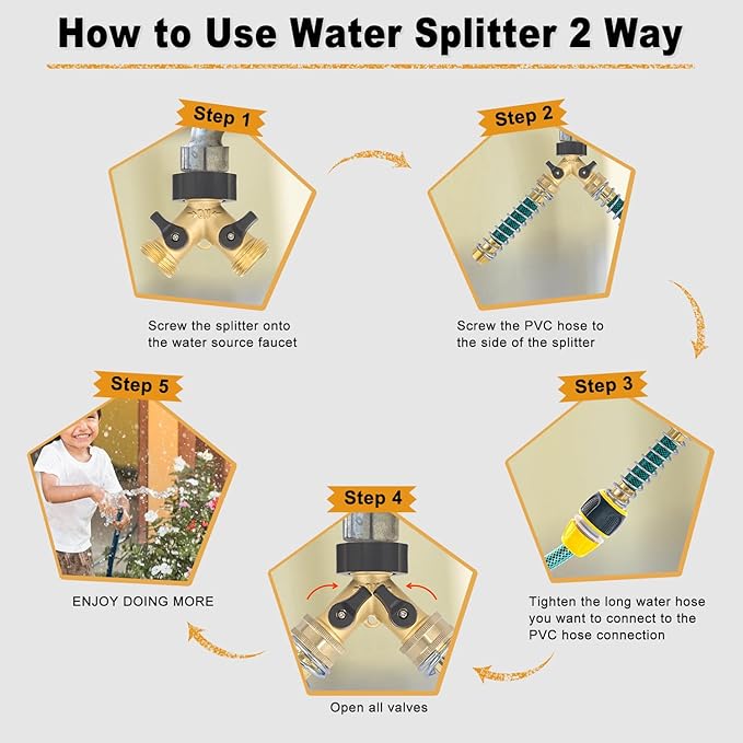 Brass Garden Hose Splitter 2 Way, All Body Metal Heavy Duty Water Splitter Y Way with 2 Hose Protectors Kink Free Hose Extension 10 Rubber Washers