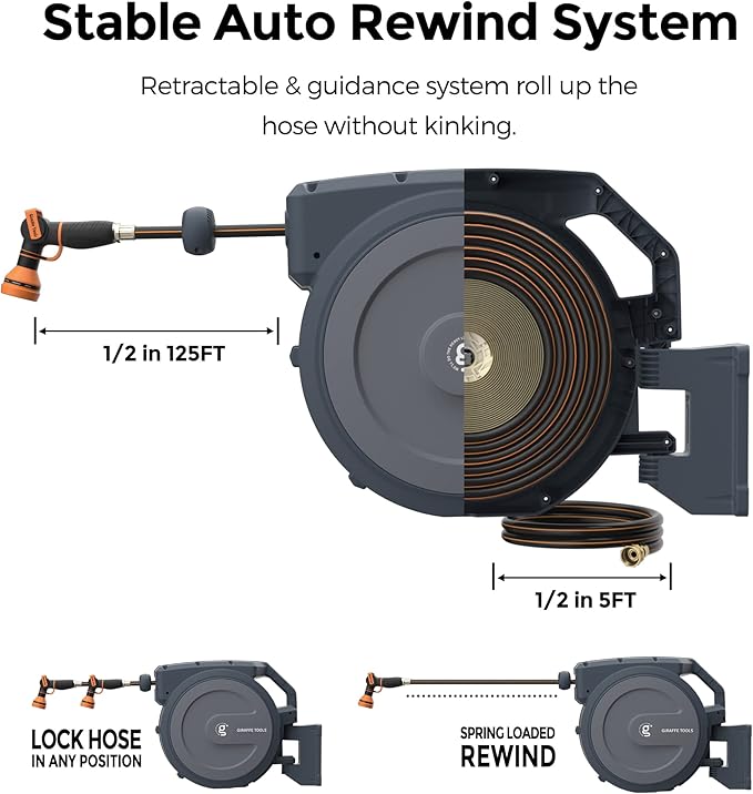 Giraffe Tools Retractable Hose Reel 1/2 in x130 FT PRO Metal Bracket Wall Mounted Heavy Duty Hose Reel with 9 Pattern Nozzle 180 Deg Swivel, Metal Bracket Any Length Lock (1/2 130FT PRO, Dark Grey)
