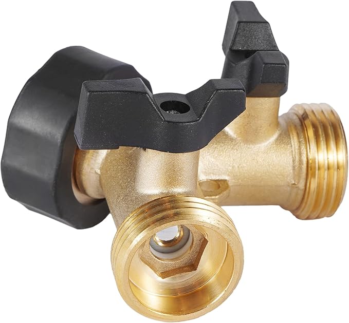 Garden Hose Splitter 2 Way Heavy Duty, Brass Hose Y Splitter with Shutoff Valve, Easy Grip Handle, Water Spigot Outdoor Faucet Splitter Y Adapter with 2 Extra Rubber Washers