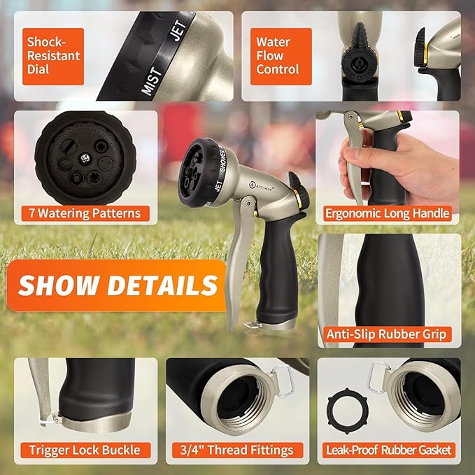 AUTOMAN Garden Hose Nozzle-7 Patterns Sprayer-2 Pack, Metal High Pressure Spray Nozzle, Heavy Duty Labor-Saving Design Water Hose Nozzle for Garden Watering, Car Washing, Window Cleaning, Pets Bathing