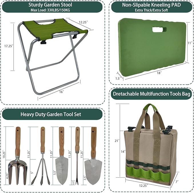 Garden Folding Gardener Stool with Gardening Tools Insulation Garden Bags Plus 5 Garden Tools and Gardening Kneeler Ideal Gift for Mother's Day/Father's Day (Green)