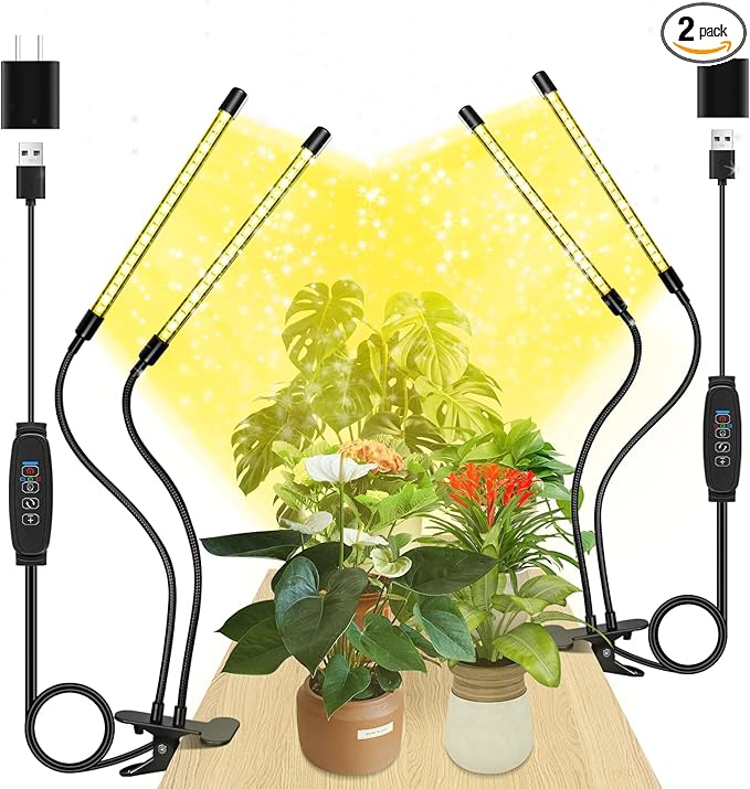 LED Grow Lights (2 Packs), 2 Heads Full Spectrum Plant Light with Clamp for Indoor Plants & Seed Starting, 10-Level Dimmable, Auto On Off, Timing 4 6 12Hrs