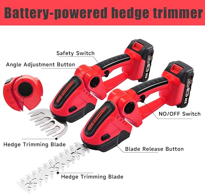 Cordless Hedge Trimmer, 2-in-1 Handheld Electric Hedge Trimmer/Grass Shears for Garden,Yard and Lawns, Shrub Trimmer with 2 PCS Rechargeable Battery&Charger (Red)