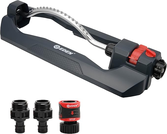 Eden 94106 Turbo Oscillating Sprinkler, Covers Up to 4,000 sq. ft., 18 Precision Nozzles, Weighted Base, Adjustable Range, Flow Control Knob, Quick Connect Bundle, Black, Silver, Red