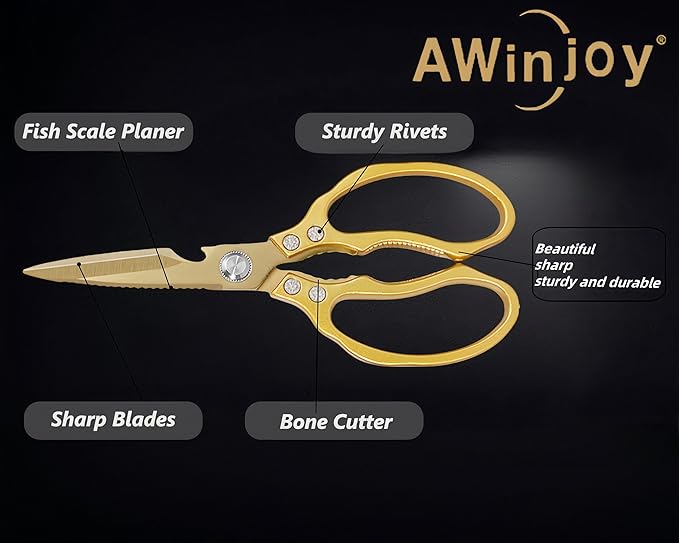 Japanese Gold Kitchen Scissors, Heavy Duty Stainless Steel, Multipurpose Cooking Shears, Dishwasher Safe