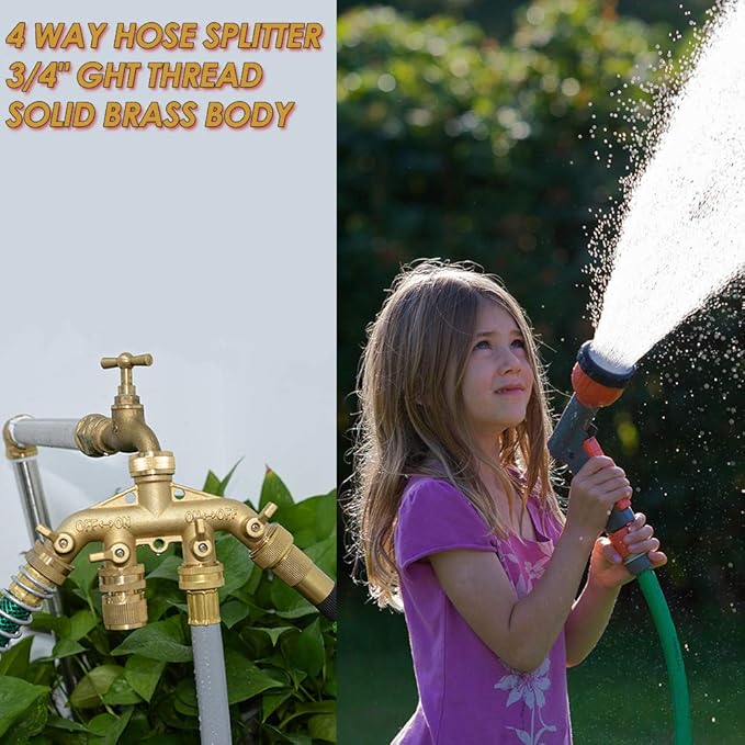 HQMPC 4 Way Hose Splitter 3/4" GHT Garden Hose Splitter 4 Way Solid Brass Hose Connector Heavy Duty Hose Spigot Adapter With 4 Valves 8 Gaskets +2 Seal Tapes