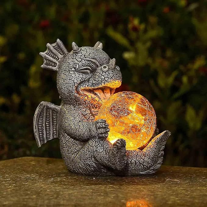 Garden Dragon Statue Solar Powered Outdoor Figurine Light Decor Cute and Hold Glowing Glass Ball Resin Sculpture Home Decoration for Porch Patio Lawn Farm Yard Housewarming Ornament Gift