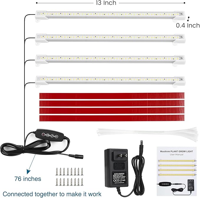 Mosthink Grow Lights Full Spectrum, LED Grow Lights Strips for Indoor Plants,Plant Lights with Auto On Off Timer 3 6 12H,5500K Dimmable Plant Growing Lamp with 204 White Red Blue LEDs, 4 Packs in 1