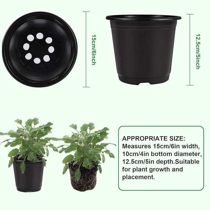 Augshy 50 Pcs 0.5 Gallon Black Plastic Plant Nursery Pots 6 Inches Seed Starting Pots Containers with 50 Labels