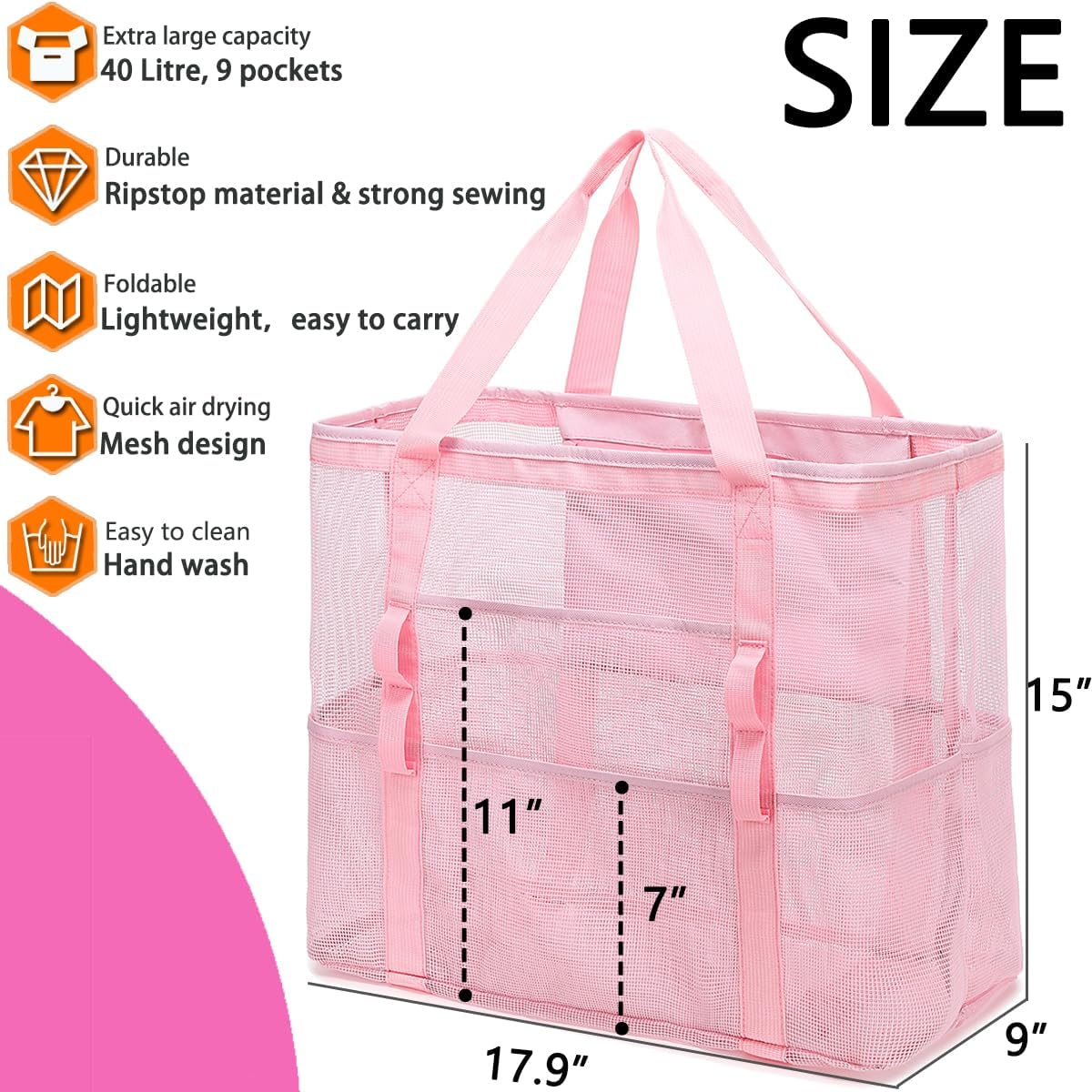 Mesh Beach Bag, Large Beach Tote with Zipper Pocket for Family Pool Bag for Toys & Vacation Essentials