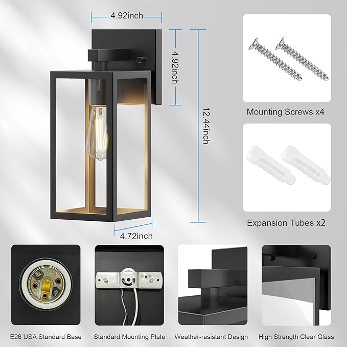 Kalium Porch Wall Lights Outdoor, Waterproof Lanterns with Frame and Clear Glass Shade, Exterior Front Porch Light Matte Black Wall Sconce, Modern Mounted Lighting for Patio Entryway Hallway