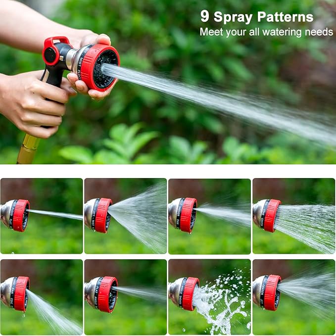 FANHAO Heavy Duty Garden Hose Nozzle, 100% Metal Water Hose Sprayer with 9 Spray Patterns, Thumb Control, On Off Valve, High Pressure Water Nozzle for Lawn/Garden Watering, Car & Pets Washing