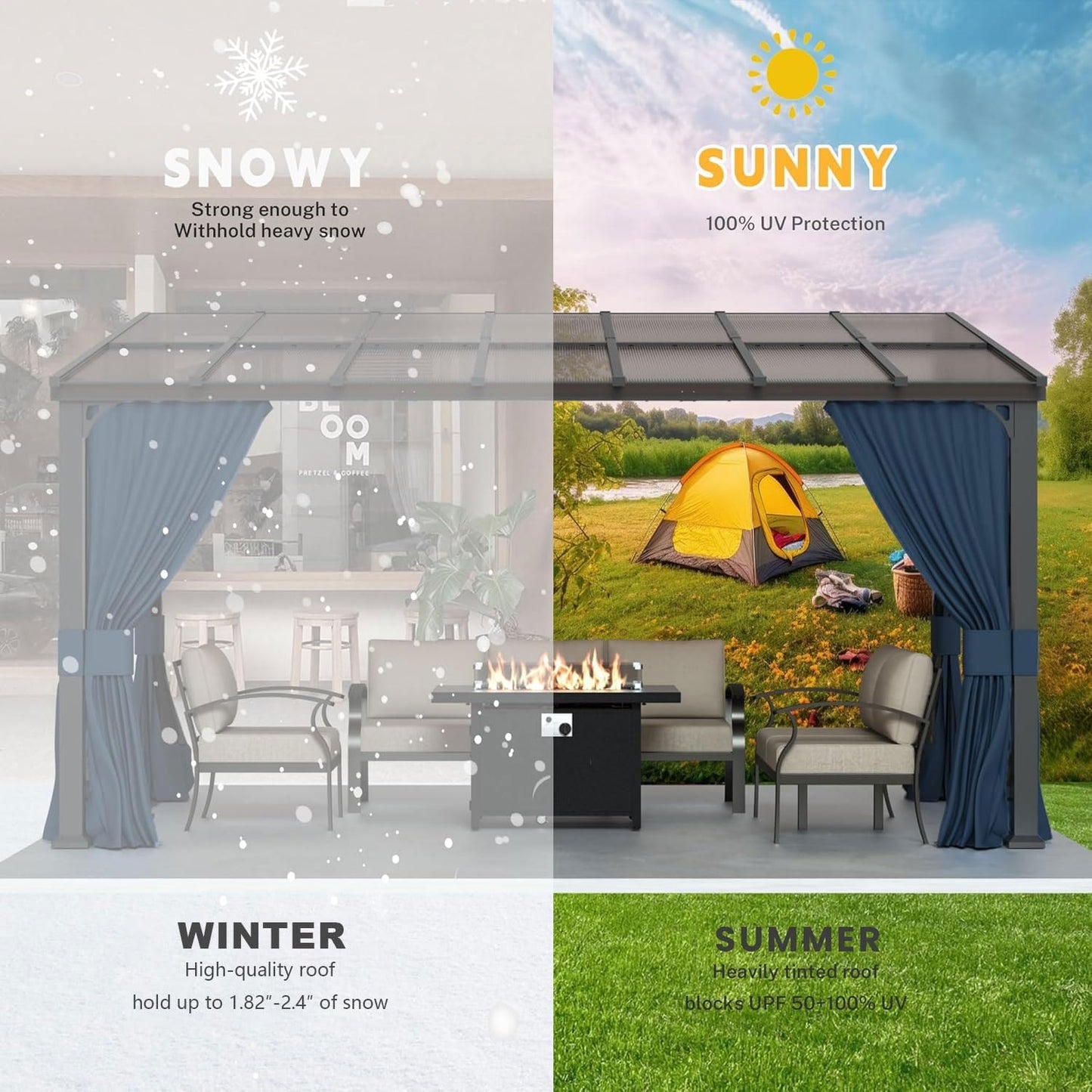 10' x 14' Gazebo,Hard Top Lean to Gazebo Wall Mount Heavy Hardtop Gazebos Outdoor Pergola with Curtains and Netting for Patio Garden Lawn Backyard Deck (Navy)