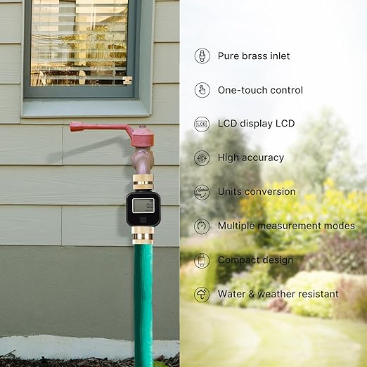 Brass Water Flow Meter with LCD - Accurate Gallon/Liter Measurement for Pool Filling, RV Tank, Garden Hose & Lawn Sprinkler
